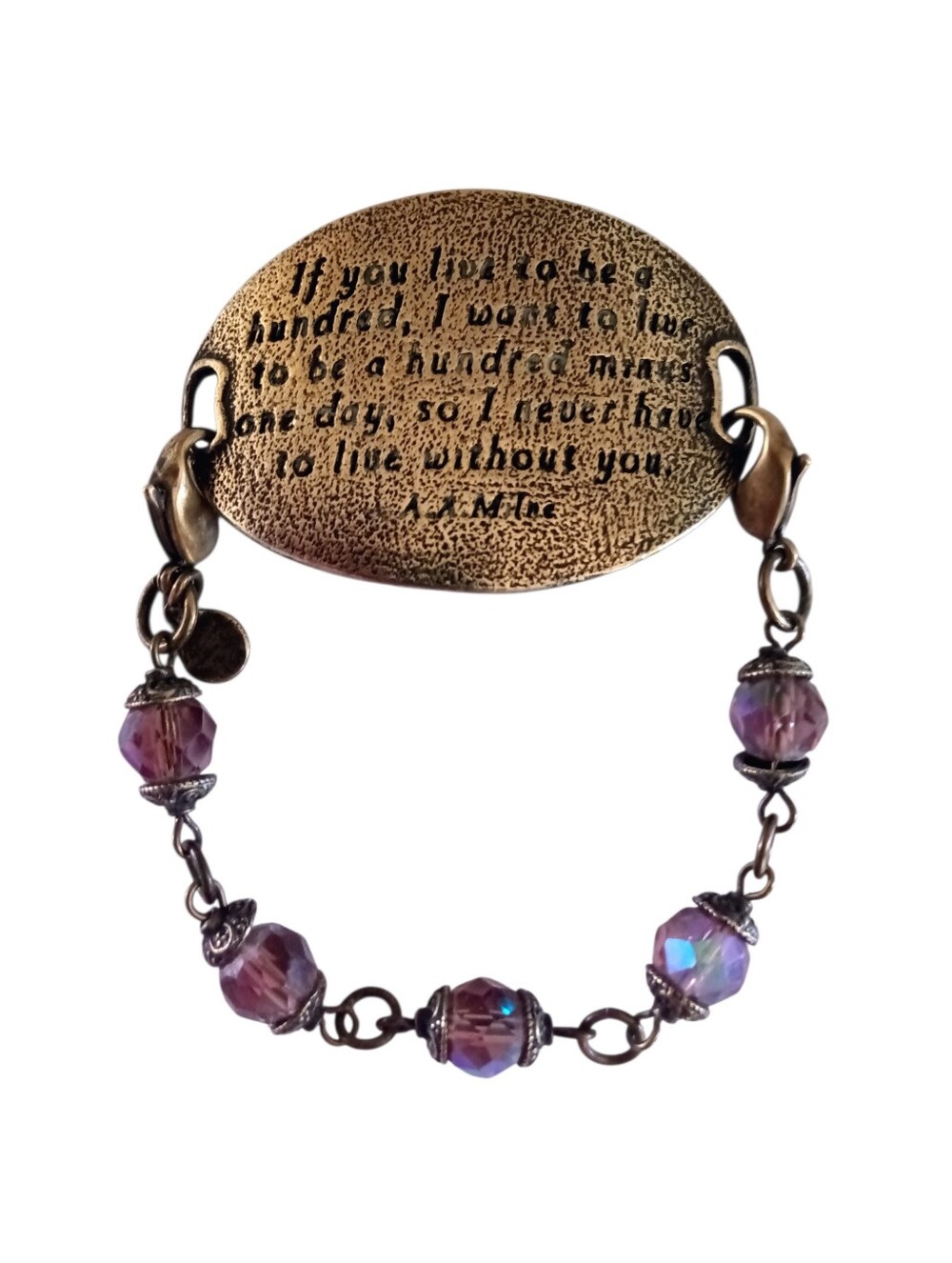 LE Large Brass Oval Charm Purple Beads Bracelet Engraved Quote From A.A. Milne